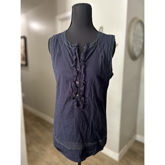 Tory Burch Tops - Tory Burch Ruffle Front Tank Top Navy Blue Green Stitching Buttons Size‎ 8
